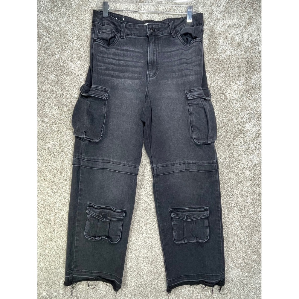 Refuge Cargo Wide Leg Pants Womens 8 Black High Rise Frayed Hem Distressed Denim
